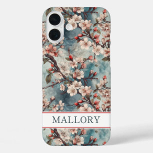 Kirschblüten Türkis Sakura Druck Monogrammiert iPhone 16 Plus Hülle
