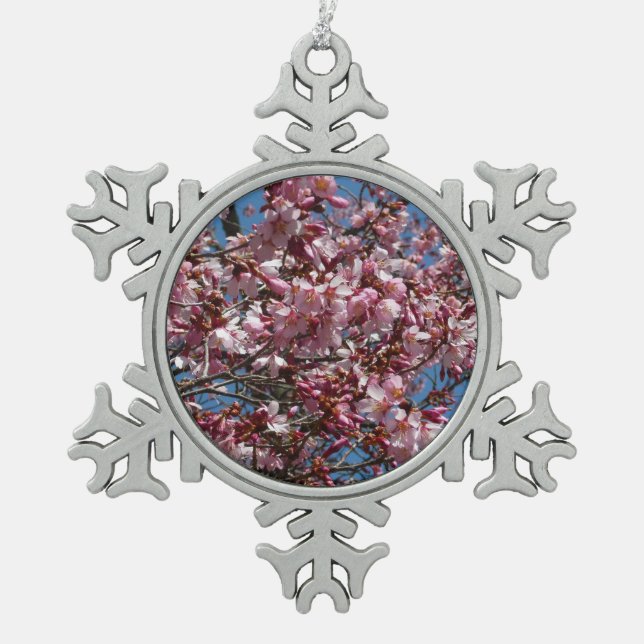 Kirschblüten und Blauer Himmelsblüte Schneeflocken Zinn-Ornament (Vorderseite)