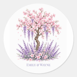Kirschblüten- und Lavendelbaum-Hochzeit Runder Aufkleber