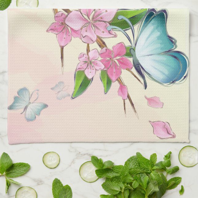 Kirschblüten und Schmetterlinge amerikanisches MoJ Küchentuch (Gefaltet)