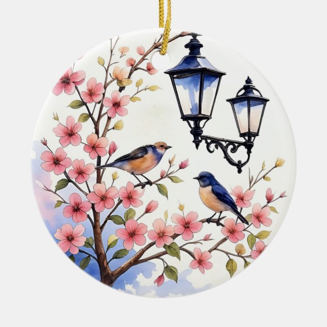 Kirschblüten und Vögel Keramik Ornament (Vorne)