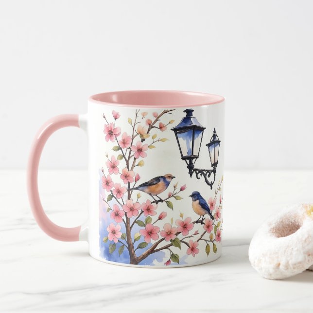 Kirschblüten und Vögel Tasse (Mit Donut)