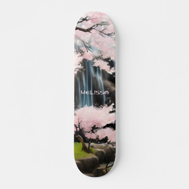 Kirschblüten und Wasserfall | Monogramm Skateboard (Vorne)