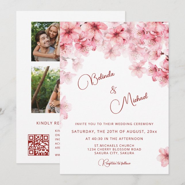Kirschblüten-Weiß Hochzeit Einladung (Vorne/Hinten)