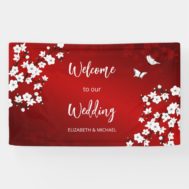 Kirschblüten Weiße Rote Hochzeitsbegrüßung Banner (Horizontal)