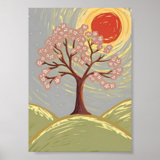 Kirschblütenbaum & Rote Sonne Kunstprint Poster