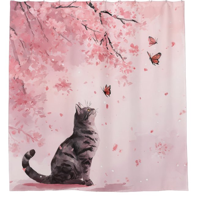 Kirschblütenkatze und Schmetterlinge (12) Duschvorhang (Vorderseite)