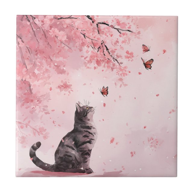 Kirschblütenkatze und Schmetterlinge (12) Fliese (Vorderseite)