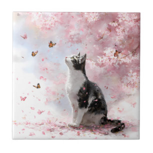 Kirschblütenkatze und Schmetterlinge (1) Fliese