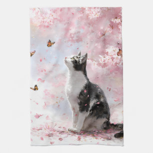 Kirschblütenkatze und Schmetterlinge (1) Geschirrtuch
