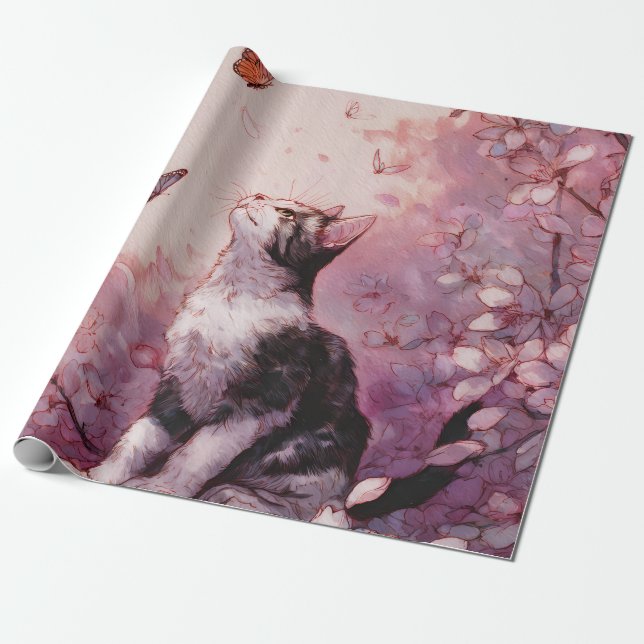 Kirschblütenkatze und Schmetterlinge (2) Geschenkpapier (Ungerollt)