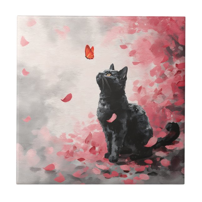 Kirschblütenkatze und Schmetterlinge (3) Fliese (Vorderseite)