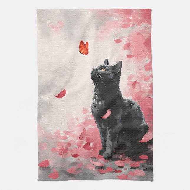 Kirschblütenkatze und Schmetterlinge (3) Geschirrtuch (Vertikal)