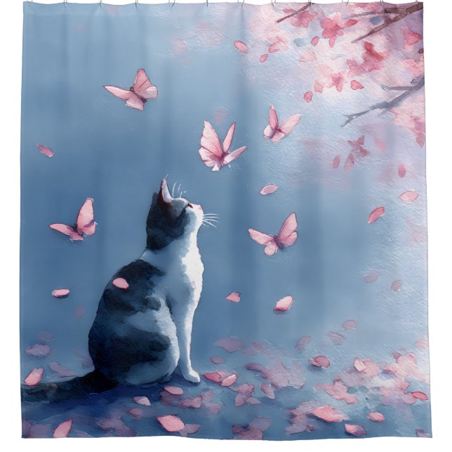 Kirschblütenkatze und Schmetterlinge (4) Duschvorhang (Vorderseite)