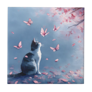 Kirschblütenkatze und Schmetterlinge (4) Fliese