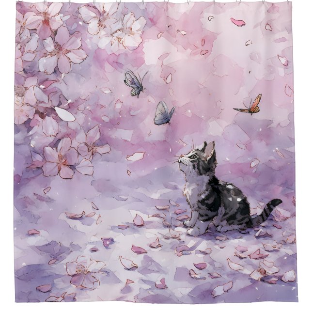 Kirschblütenkatze und Schmetterlinge (5) Duschvorhang (Vorderseite)