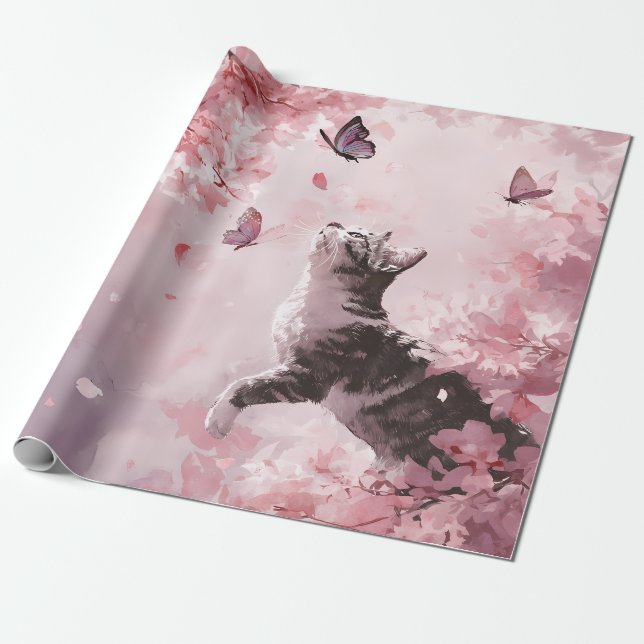 Kirschblütenkatze und Schmetterlinge (7) Geschenkpapier (Ungerollt)