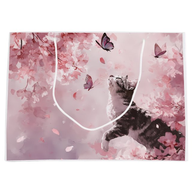 Kirschblütenkatze und Schmetterlinge (7) Große Geschenktüte (Vorderseite)