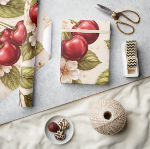 Kirschblütenmuster rote Kirschen im Vintage-Stil Geschenkpapier