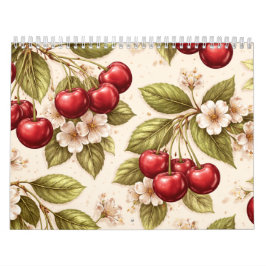 Kirschblütenmuster rote Kirschen im Vintage-Stil  Kalender