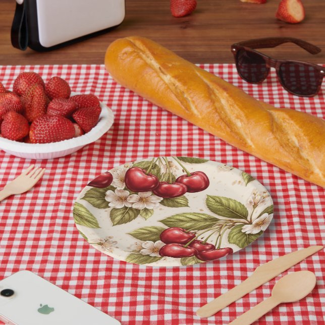 Kirschblütenmuster rote Kirschen  Pappteller (Picknick)