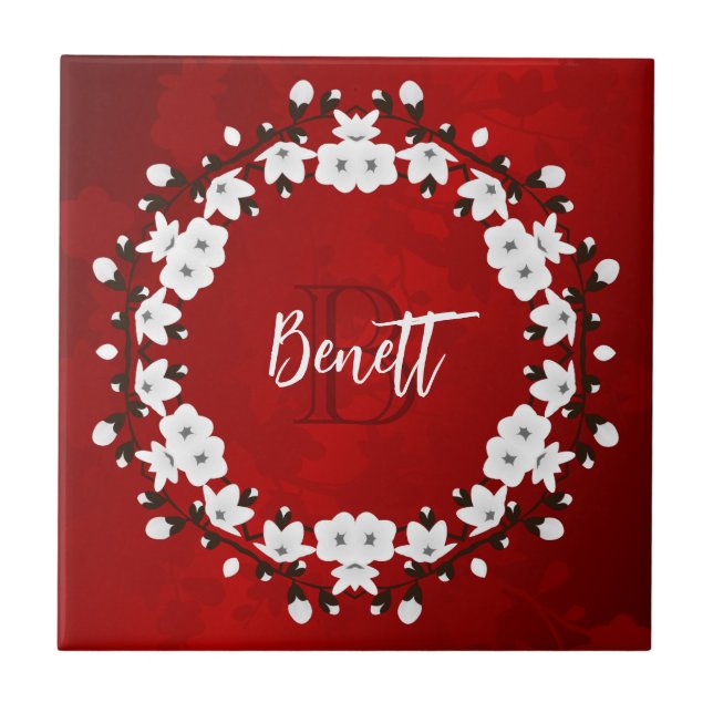 Kirschblütenrot Schwarz Weiß Fliese (Vorderseite)