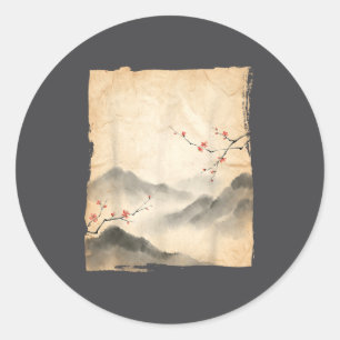 Kirschblütenzweige Japanische Tuschmalerei Kunst Runder Aufkleber