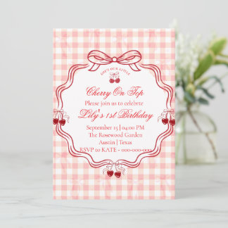 Kirsche 1. Geburtstagseinladung | Rosa Gingham-Sch Einladung