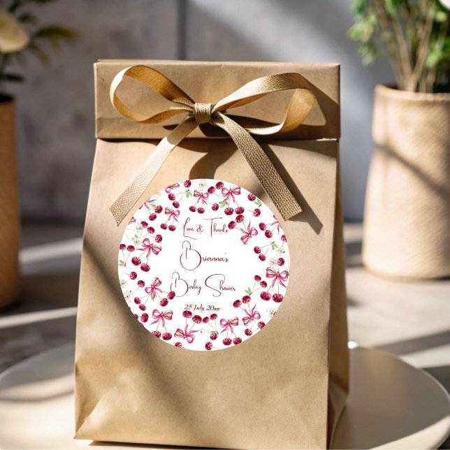 Kirsche auf dem oberen Band Whimsikbabydusche zu G Runder Aufkleber (Cherry on top ribbon bow whimsical cherry baby shower favor sticker personalized thank you stickers)