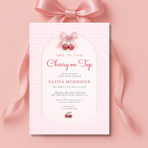 Kirsche auf der Coquette-Schleife Gingham-Baby-Par Einladung