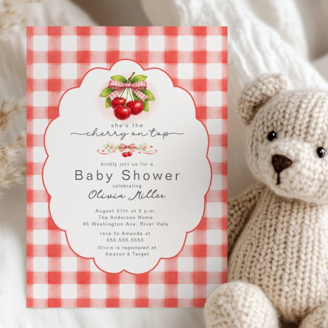 Kirsche auf Gingham-Baby-Party Einladung (Von Creator hochgeladen)