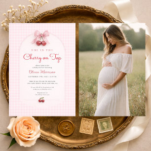 Kirsche auf Gingham-Schleife Foto Baby Shower Einladung