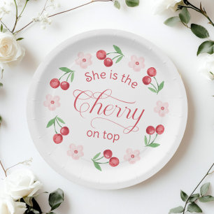 Kirsche auf rosa Aquarell-Babybauchparty Pappteller