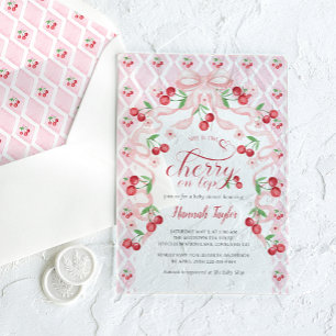 Kirsche auf rosa Schleife Baby Shower Acryleinladungen