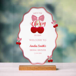 Kirsche auf rosa Schleife Brautparty Acryl-Schild  Acrylschild