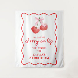Kirsche auf rosa Schleife Geburtstag Preppy Wandteppich