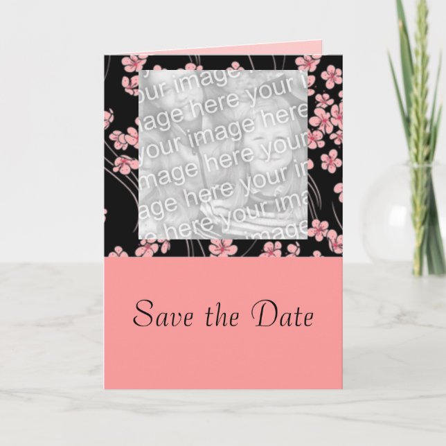 Kirsche blüht auf schwarzer Fotokarte Ankündigung (Vorderseite)