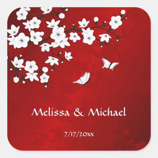 Kirsche blüht rot Schwarz und Weiß Quadratischer Aufkleber (Vorderseite)