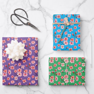 Kirsche Blume grün, blau, Lila Hintergrund. Geschenkpapier Set