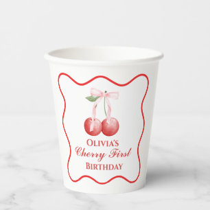 Kirsche erster Geburtstag Rosa Schleife Gingham Pappbecher