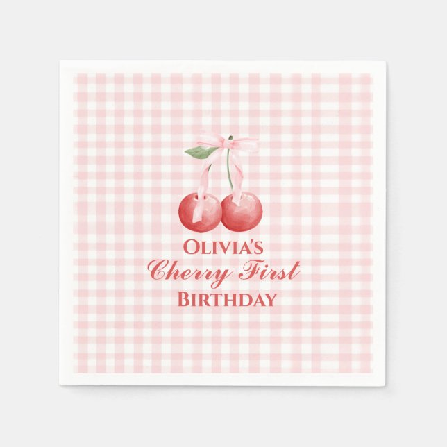 Kirsche erster Geburtstag Rosa Schleife Gingham Serviette (Vorderseite)
