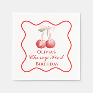 Kirsche erster Geburtstag Rosa Schleife Gingham Serviette