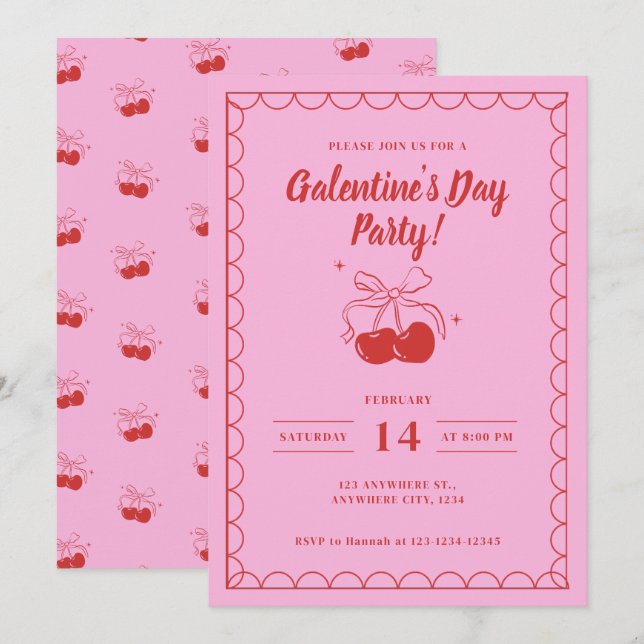 Kirsche Oben Rosa Galentine's Day Einladung (Vorne/Hinten)