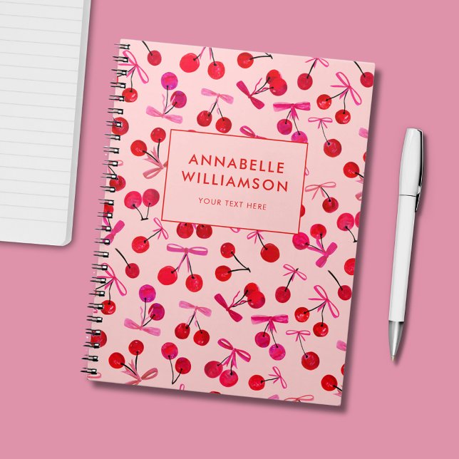 Kirsche und rosa Schleife Notizblock (Cute cherry & bow, coquette aesthetic, personalized notebook/journal.)