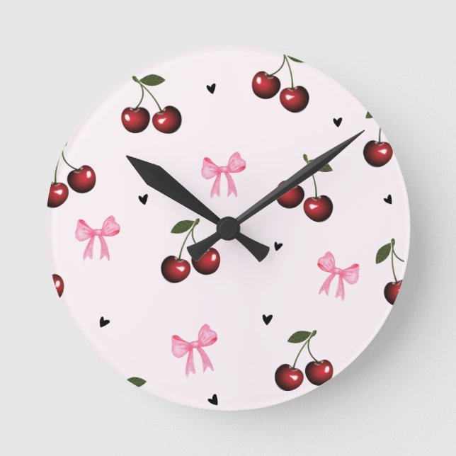 Kirsche- und rosa Schleifenmuster - Coquette-Ästhe Runde Wanduhr (Vorderseite)