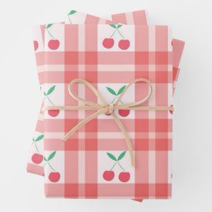Kirschen auf rotem Karo-Gingham-Muster  Geschenkpapier Set