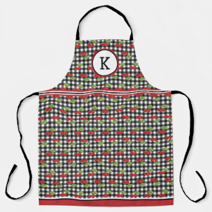 Kirschen auf schwarzem Gingham mit Monogramm Schürze
