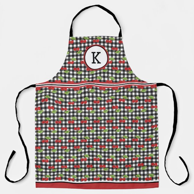 Kirschen auf schwarzem Gingham mit Monogramm Schürze (Vorderseite)