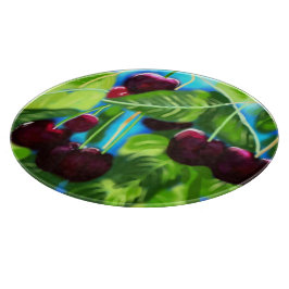 Kirschen aus den Zweigen Kirsche rot grün Schneidebrett