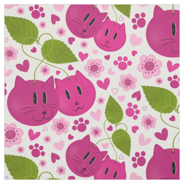 Kirschen, Katzen, Herz, Kirschblüten und Pfauen Stoff (Muster)